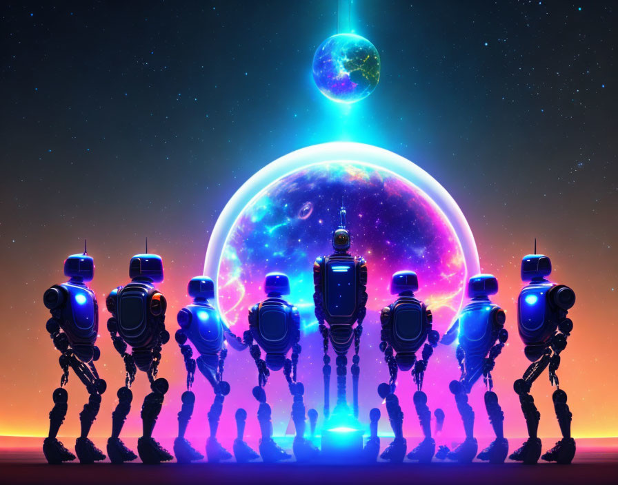 Robots in a row against cosmic backdrop