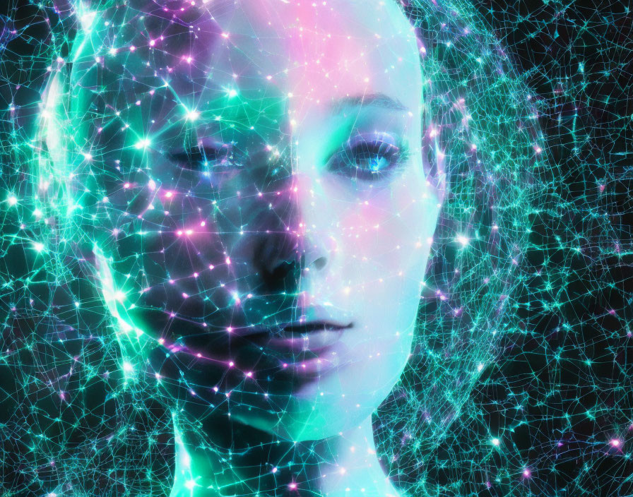 Female face with cyan and magenta network overlay