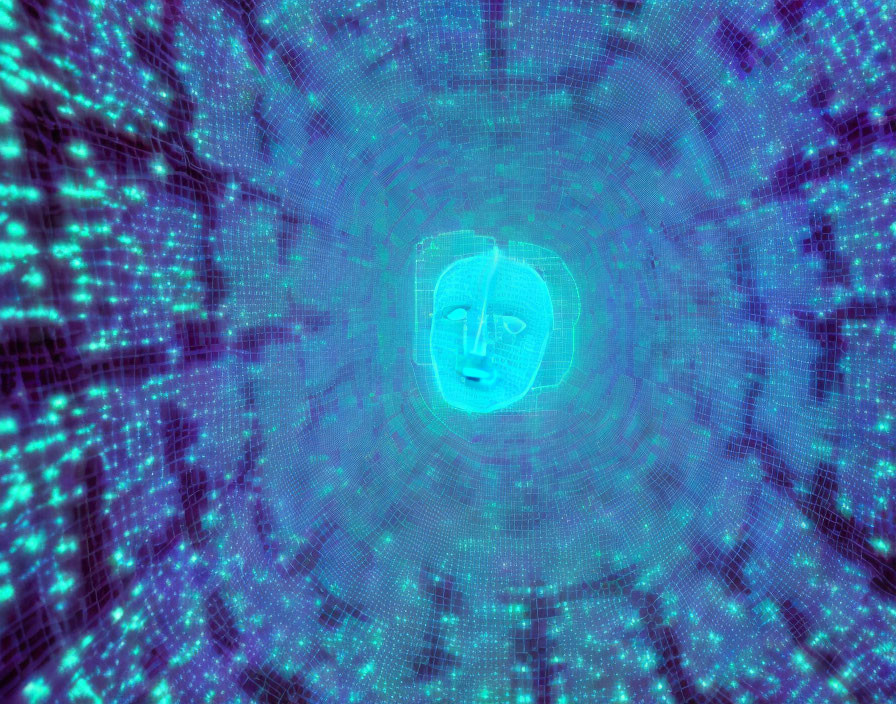 Digital face in glowing blue grid symbolizes virtual intelligence.