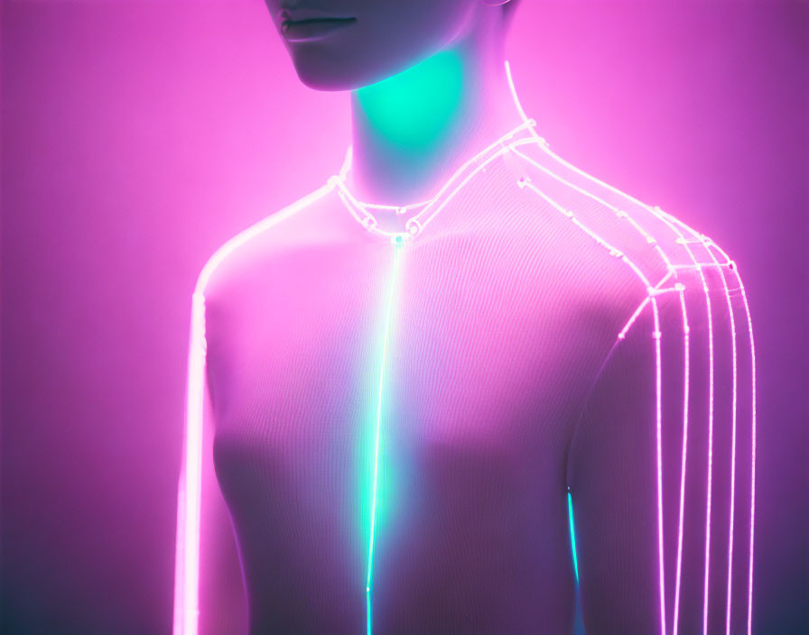 Neon-lit mannequin torso with pink and blue glowing outline on purple background