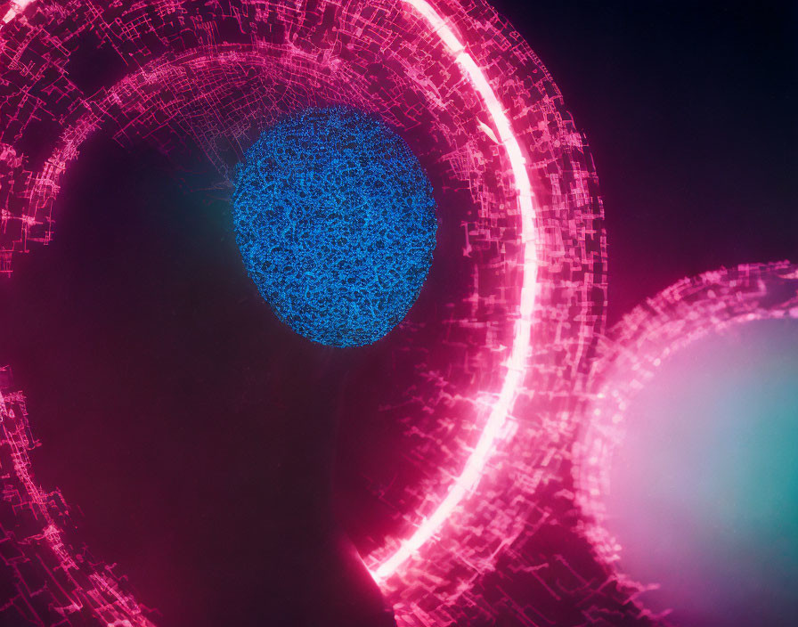 Blue spherical object with intricate surface pattern surrounded by glowing pink circular arcs on dark background