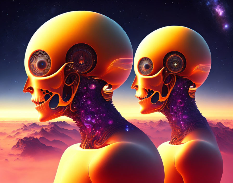 Surreal golden robotic heads profile with mechanical parts on vivid sky.