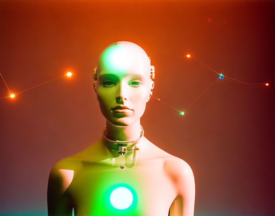 Mannequin head and shoulders lit with green and red lights, surrounded by colorful lights