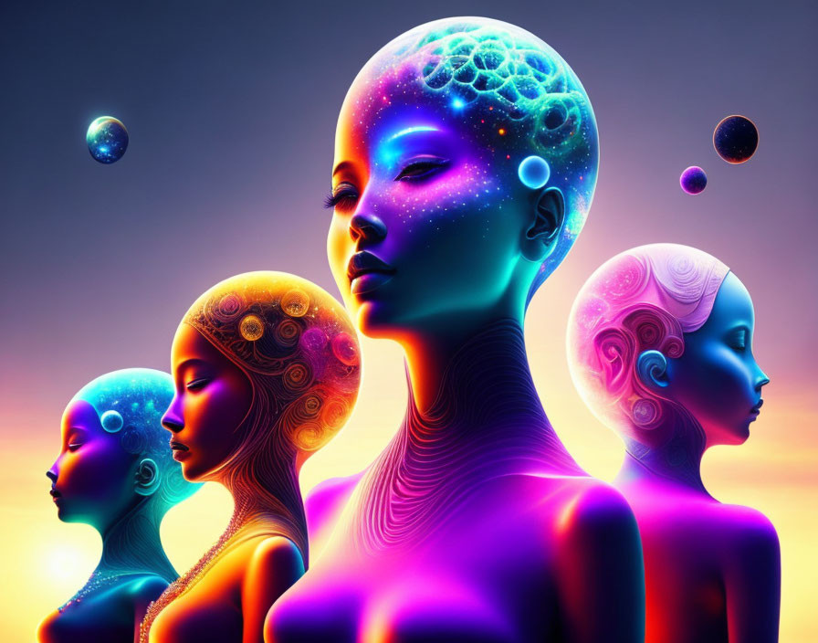 Stylized female figures with cosmic-themed heads on gradient background