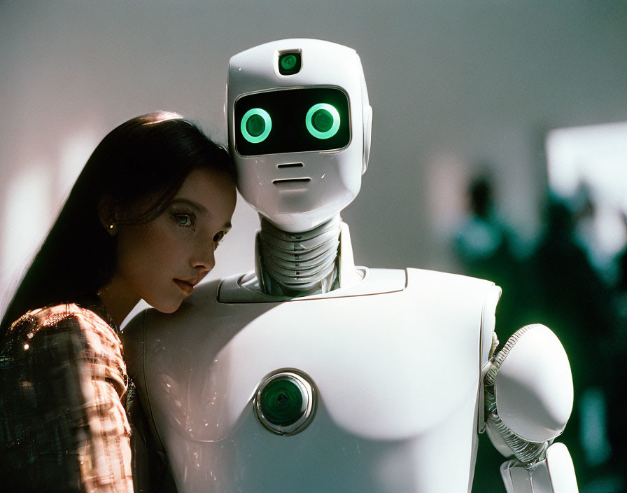 Woman leaning on humanoid robot with glowing green eyes in softly lit room