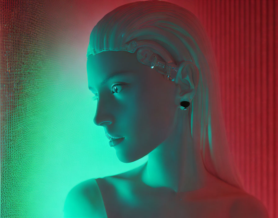 Futuristic cyborg woman with glowing red and green lighting and visible mechanical elements
