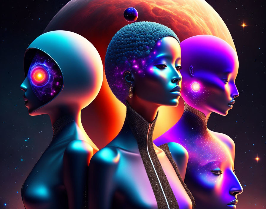 Futuristic humanoid figures in cosmic digital artwork