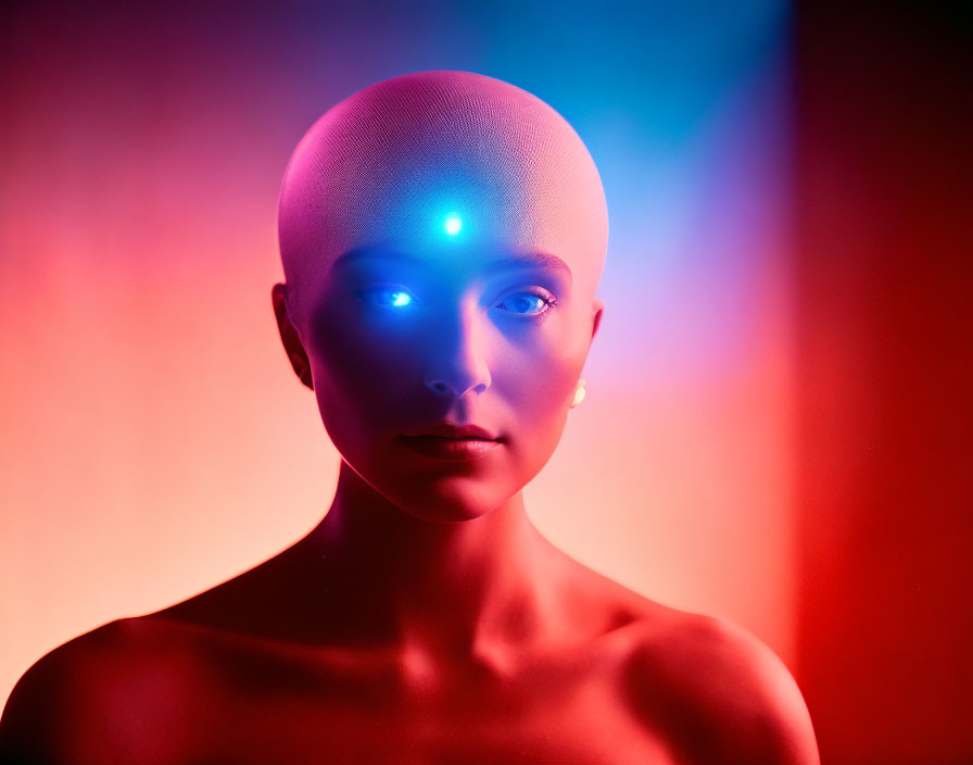 Mannequin head under red and blue lighting with neutral expression