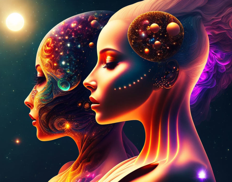 Surreal artwork: Two female figures merge with cosmic skin tones in space.