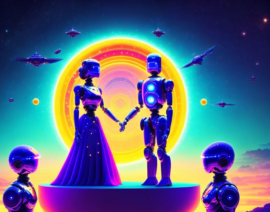 Robots holding hands in cosmic scene with saucers and planets