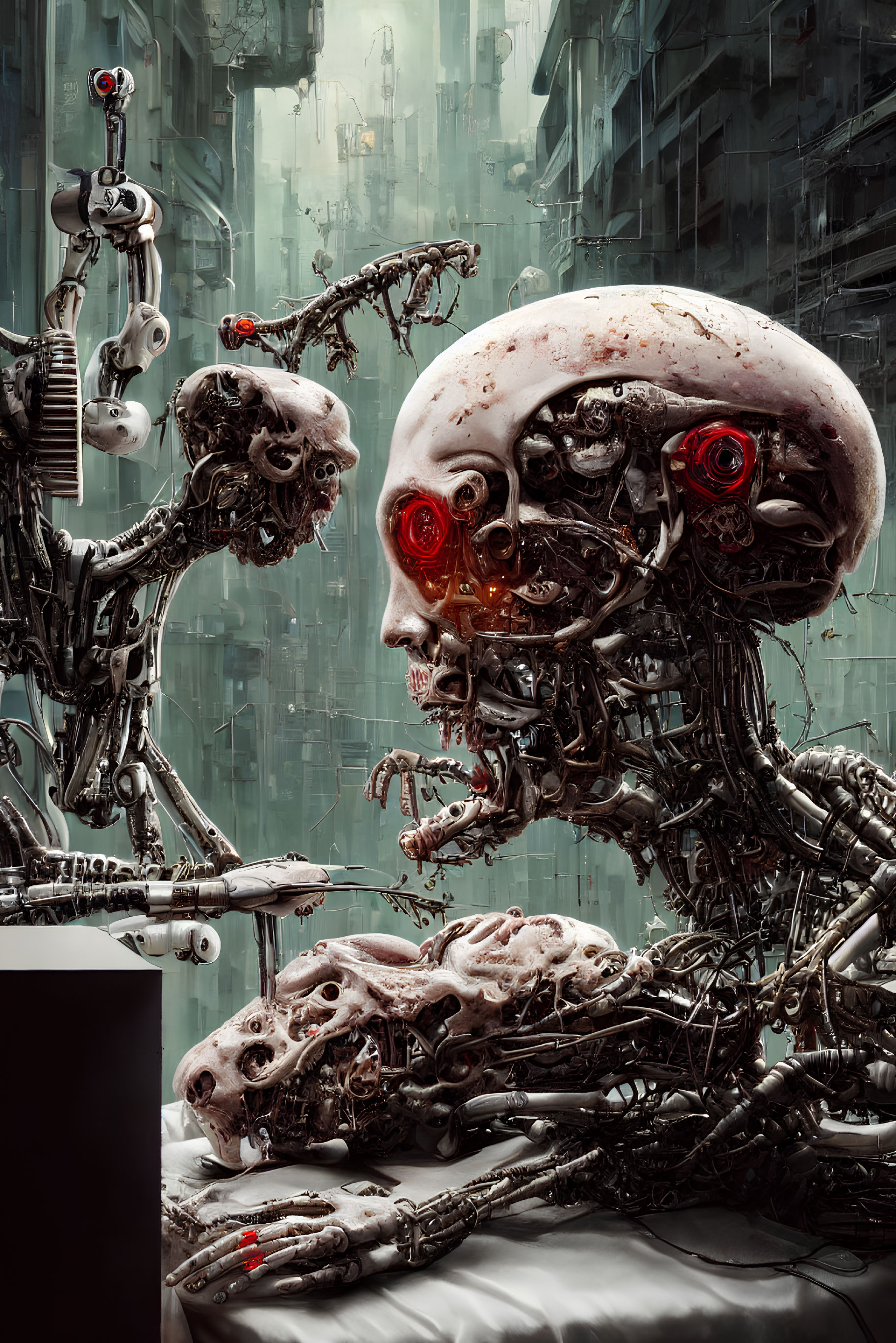 Cybernetic skull with exposed wiring and red eyes in futuristic cityscape.