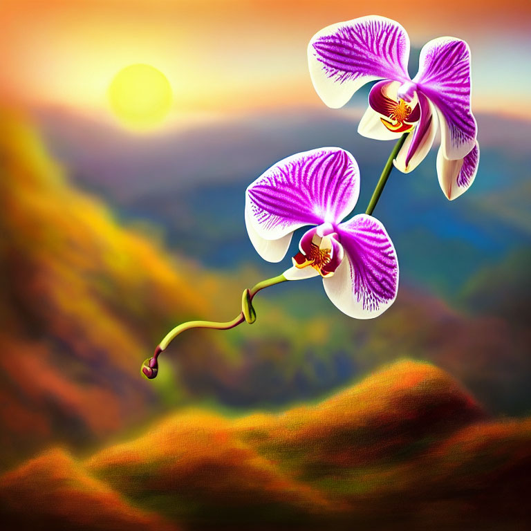 Purple Orchids in Sunset Landscape with Rolling Hills