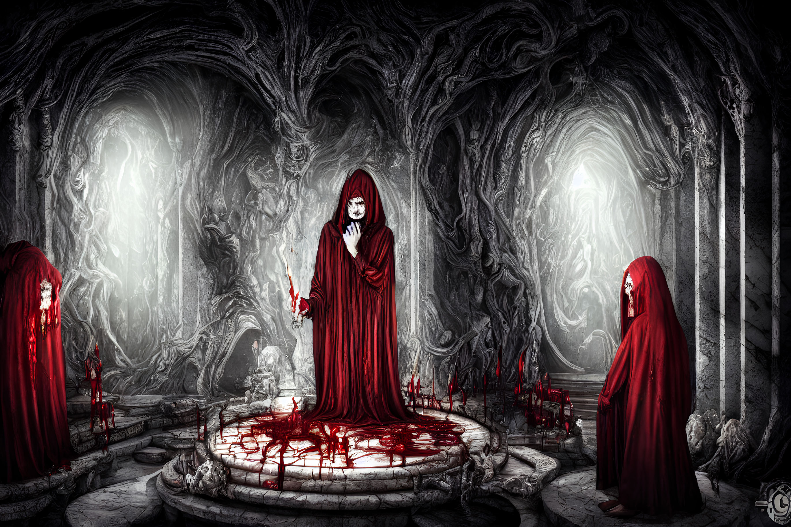 Gothic chamber with tree-like pillars and figures in red cloaks on ritual circle.