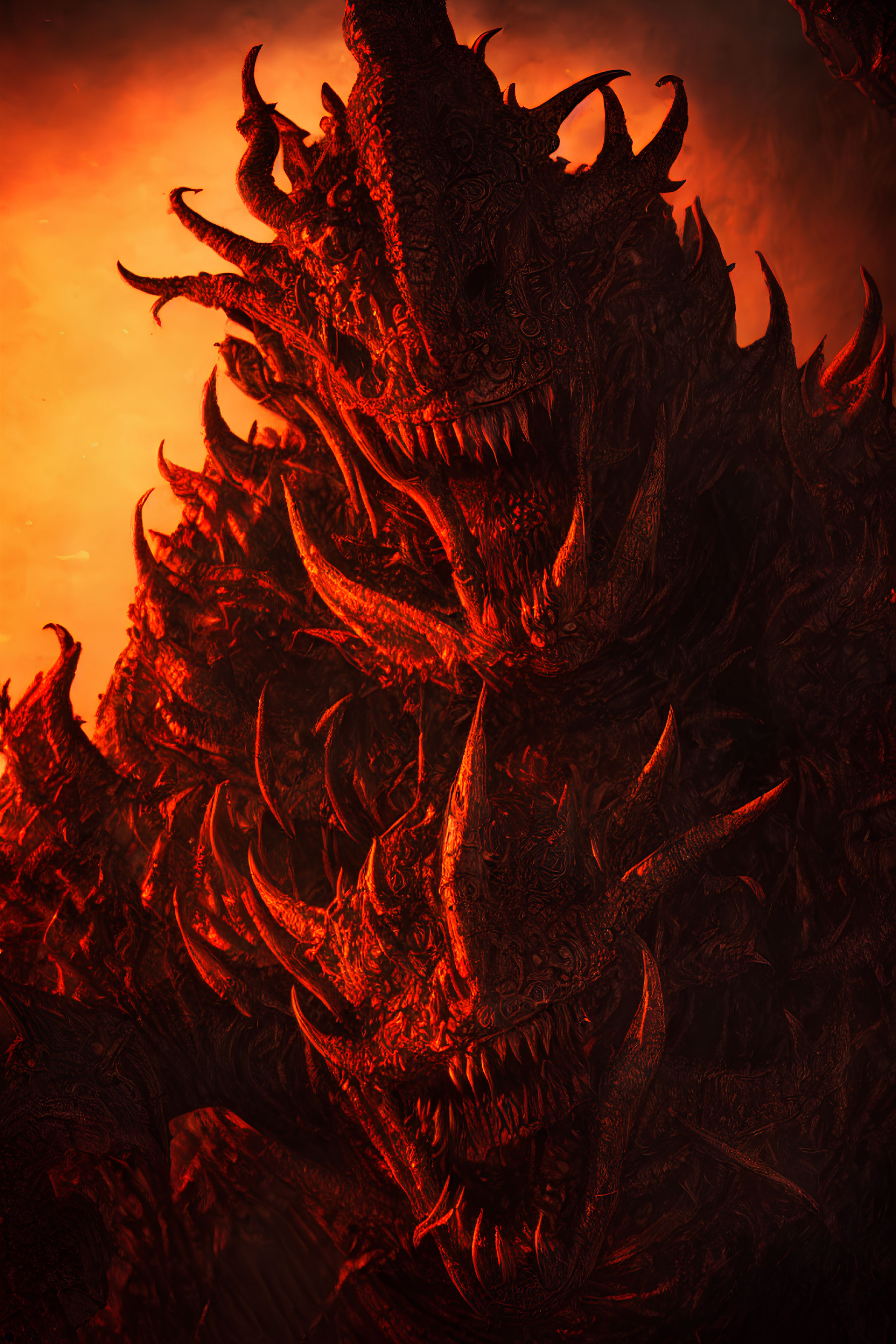 Detailed fiery dragon heads illustration on dark red backdrop