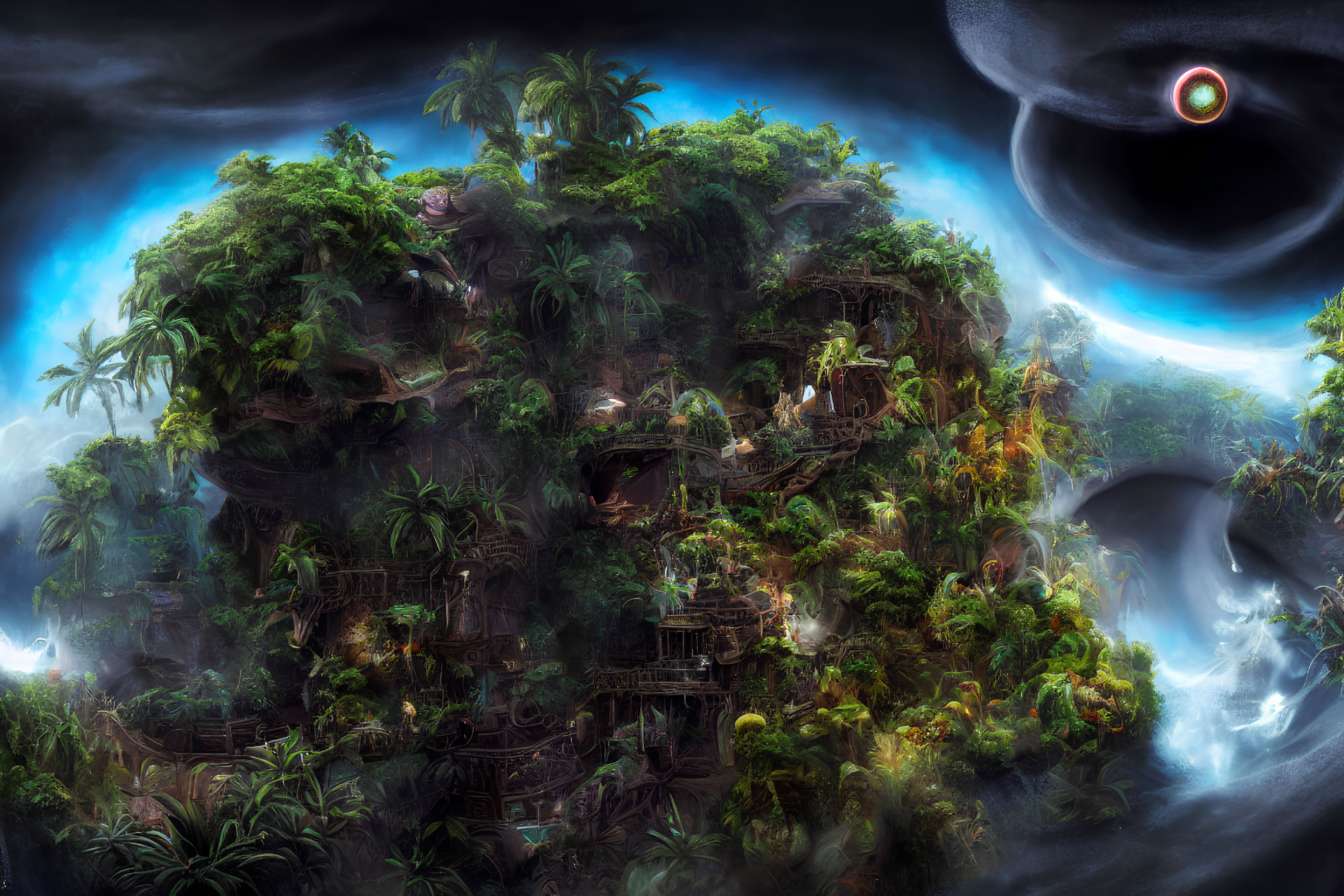 Fantastical jungle landscape with lush foliage, waterfalls, ancient ruins, and cosmic sky.