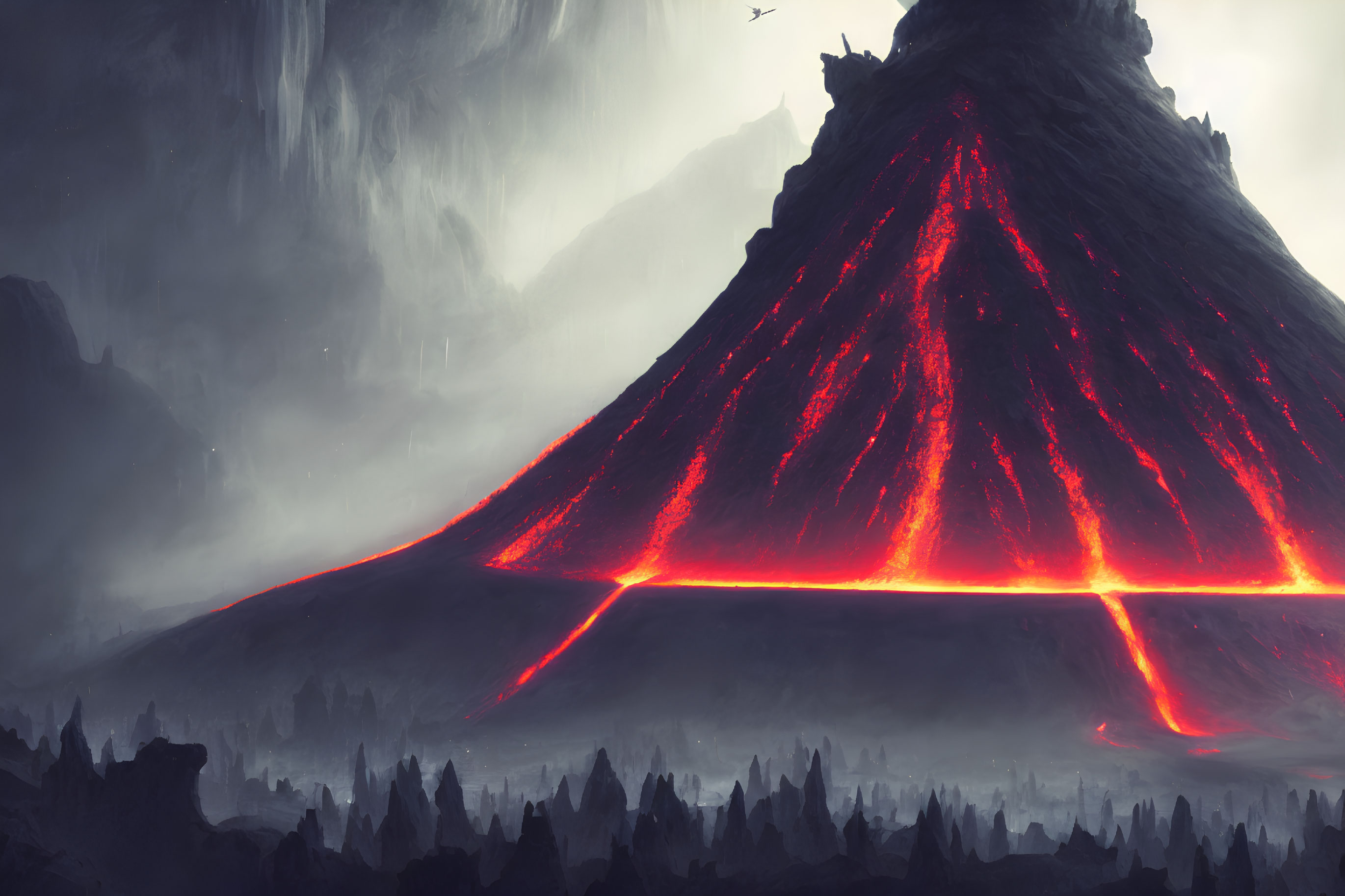 Volcano erupting with fiery lava in dark landscape, lone bird in smoke-filled sky