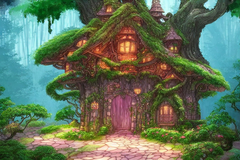 Enchanting treehouse in lush greenery with purple door