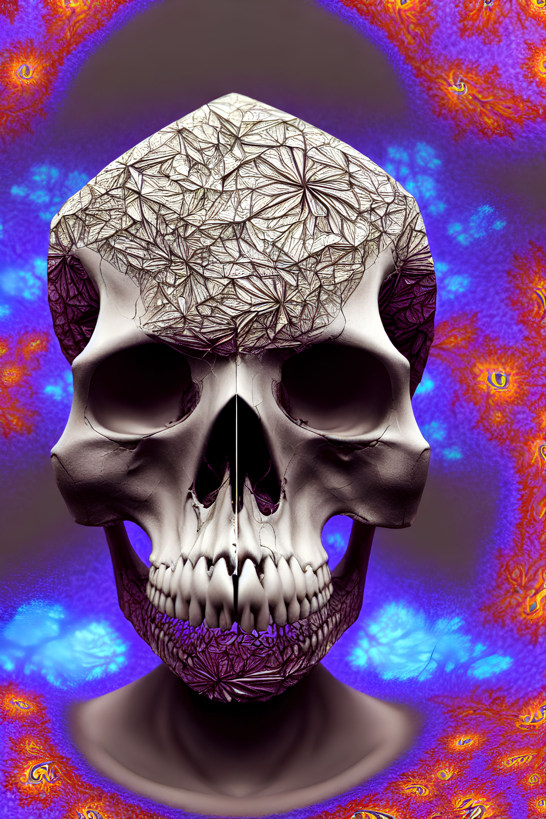 Silver Skull with Geometric Patterns on Psychedelic Background