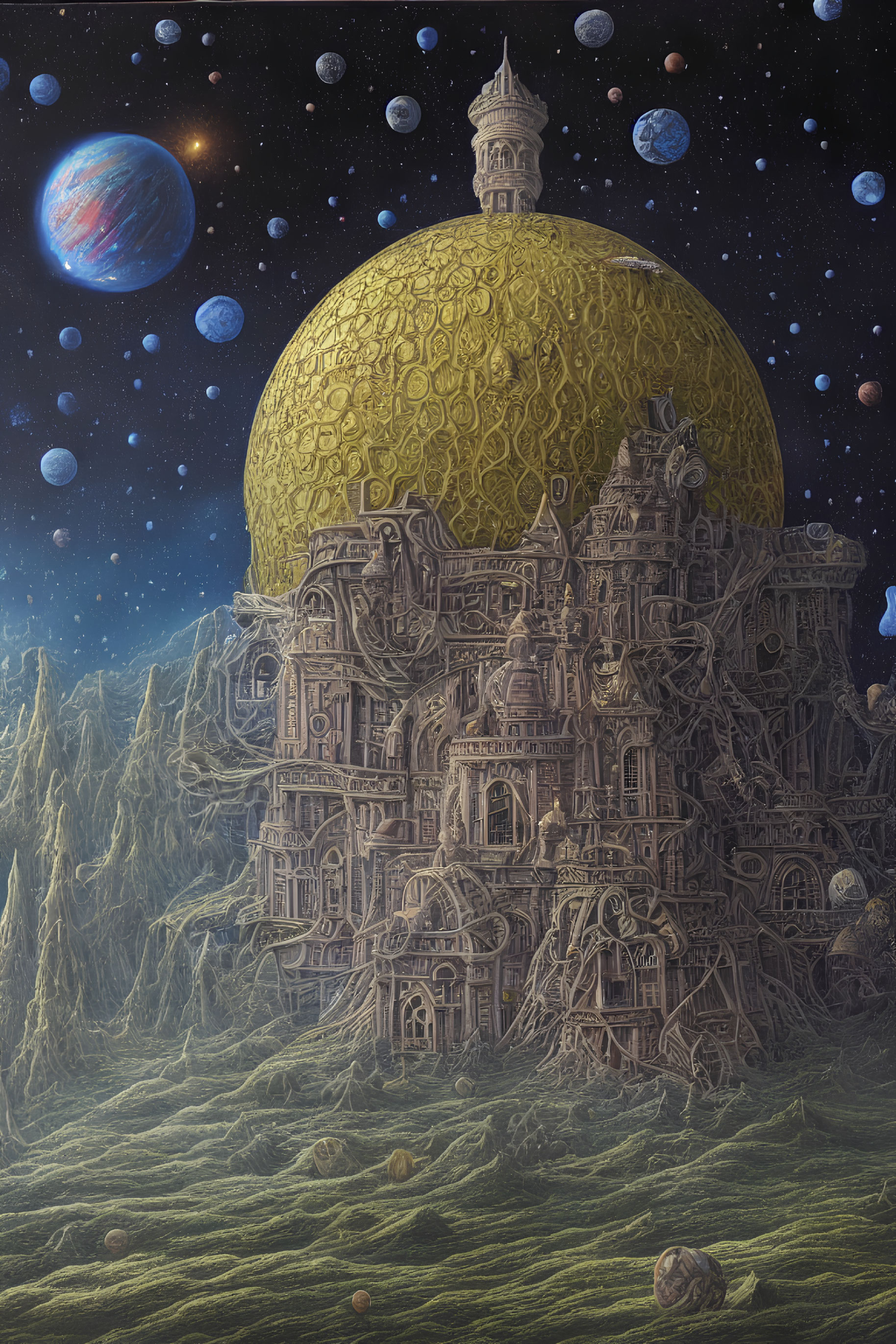 Intricate castle in cosmic landscape with textured sphere and starry sky