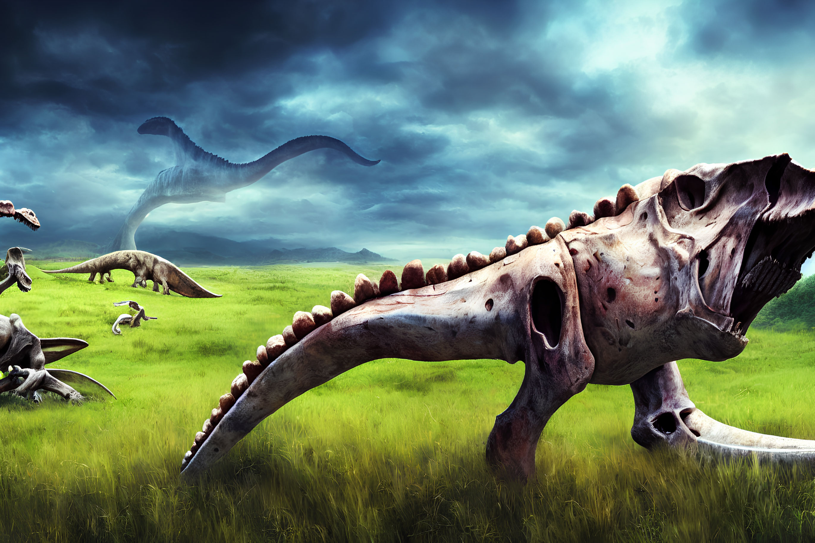 Dinosaur-themed landscape with fossils and dramatic sky