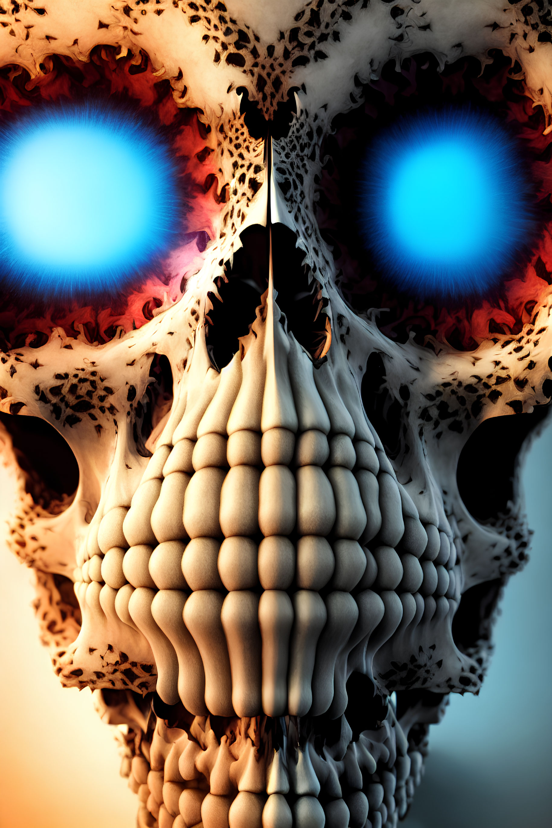 Surreal digital artwork: skull with blue eyes and intricate textures