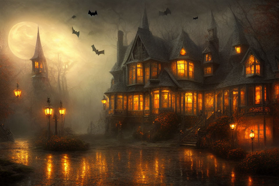 Gothic mansion at twilight with fog, bats, full moon, and street lamps