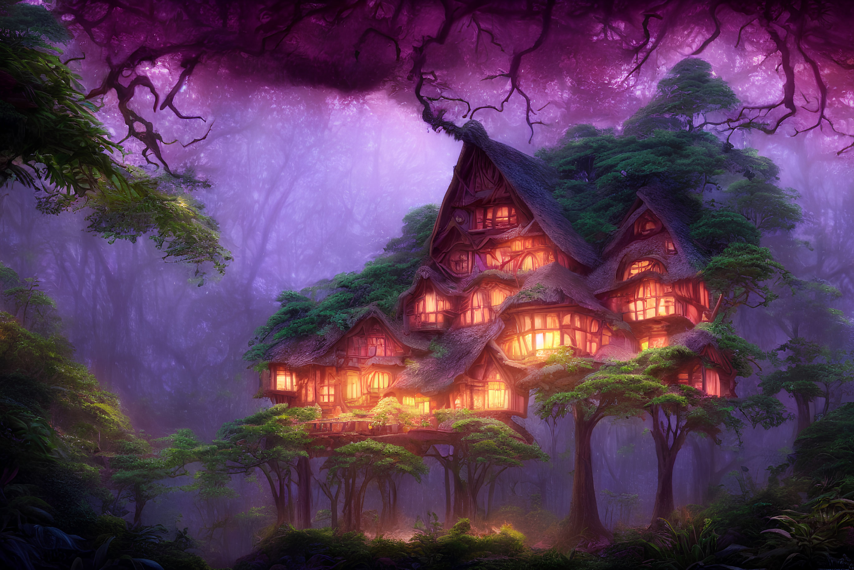 Illustration of multistoried house in mystical purple woods with glowing windows