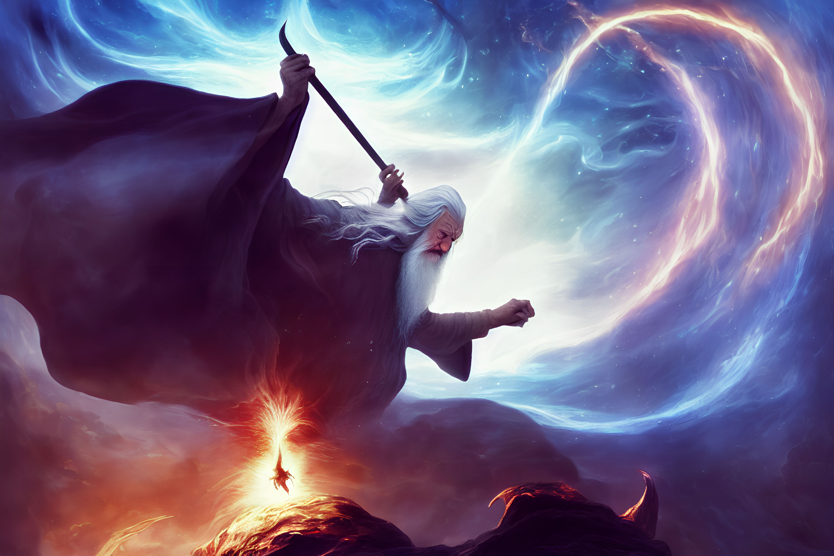 Wizard with long beard and staff on rocky outcrop with cosmic energy.