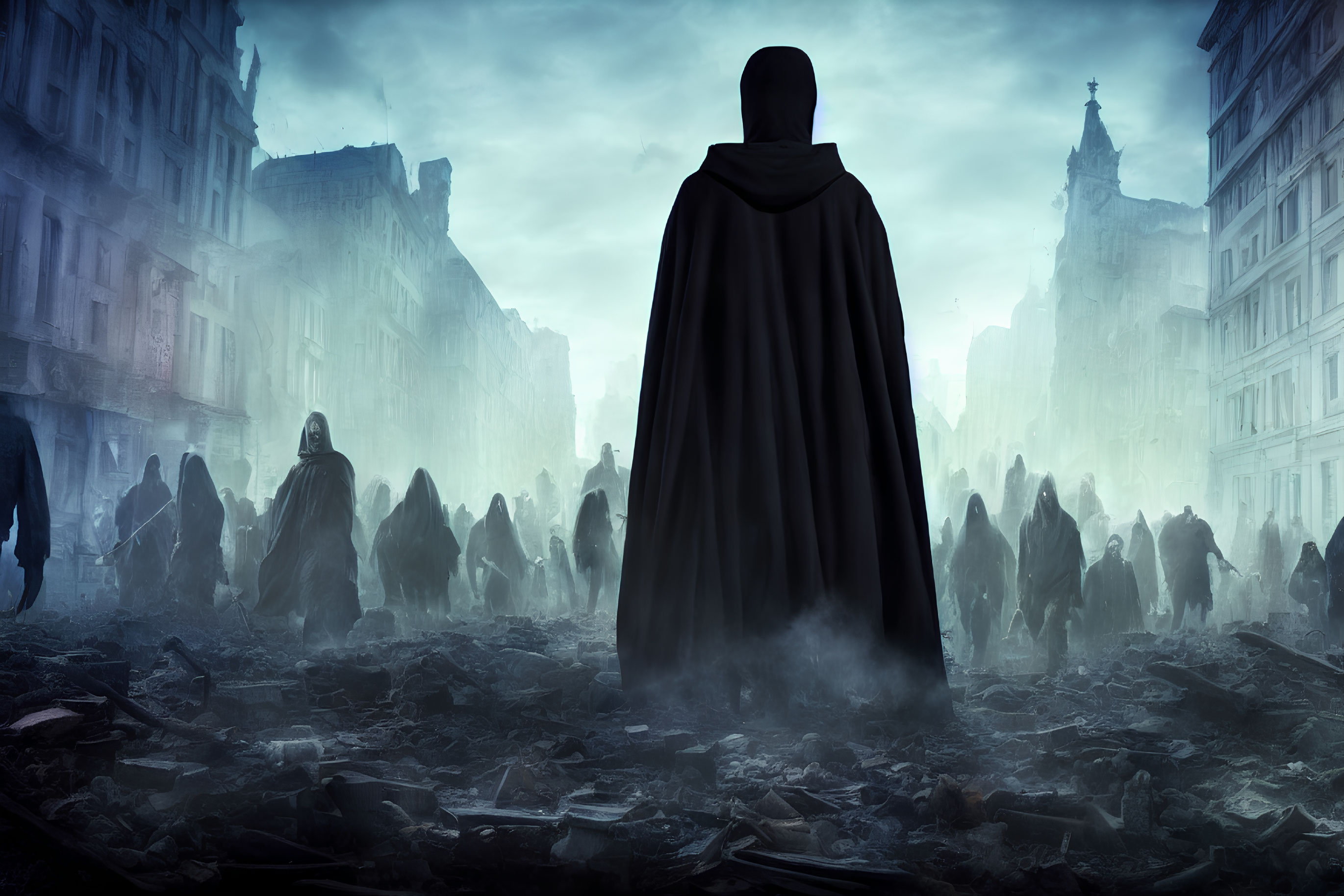 Cloaked figure in misty dystopian cityscape among crowd