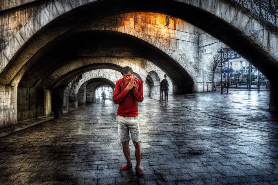 Person in Red Shirt Standing Under Stone Bridge Archway gazes at Smartphone
