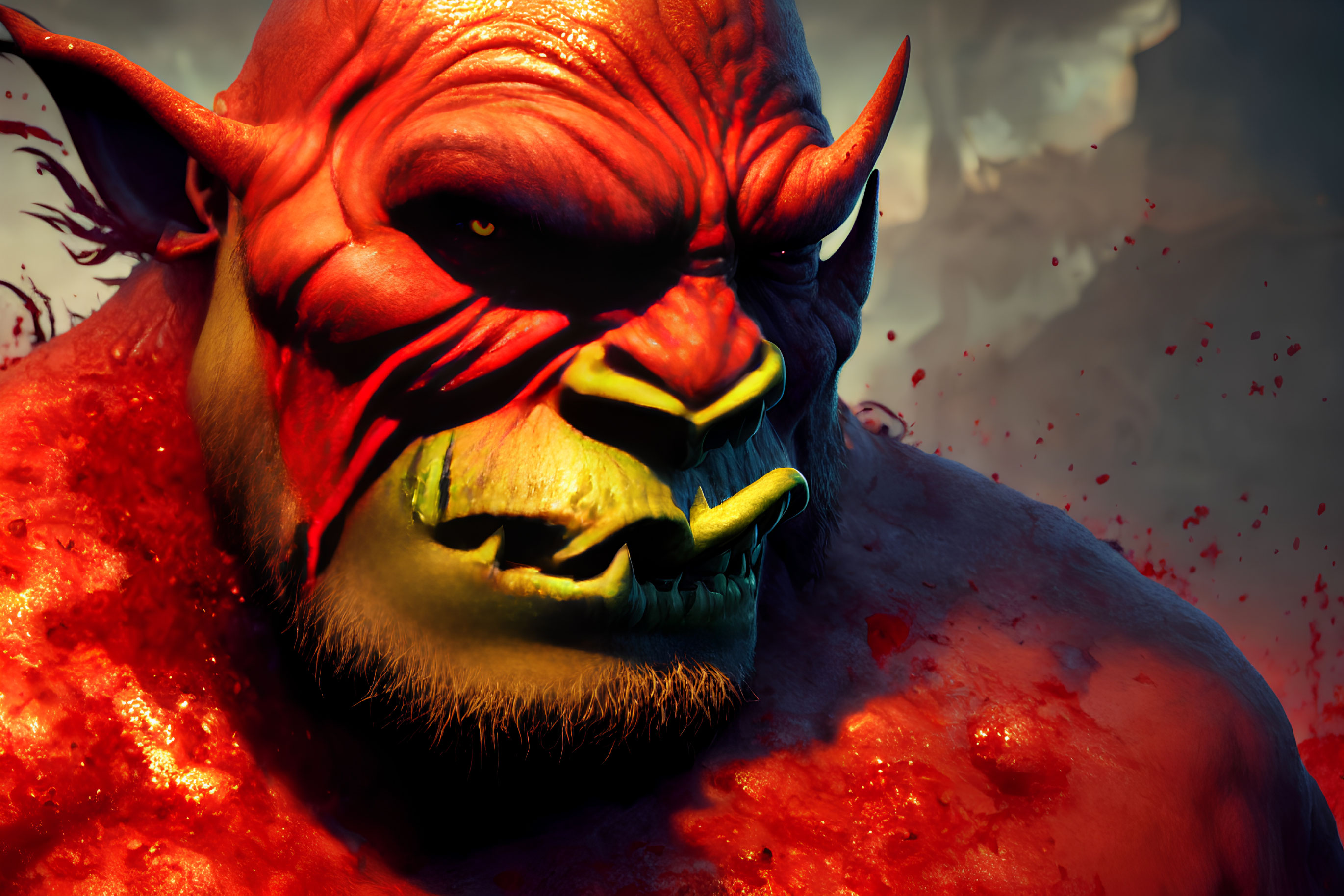 Detailed Close-Up of Menacing Red Demon with Sharp Horns and Glaring Eyes