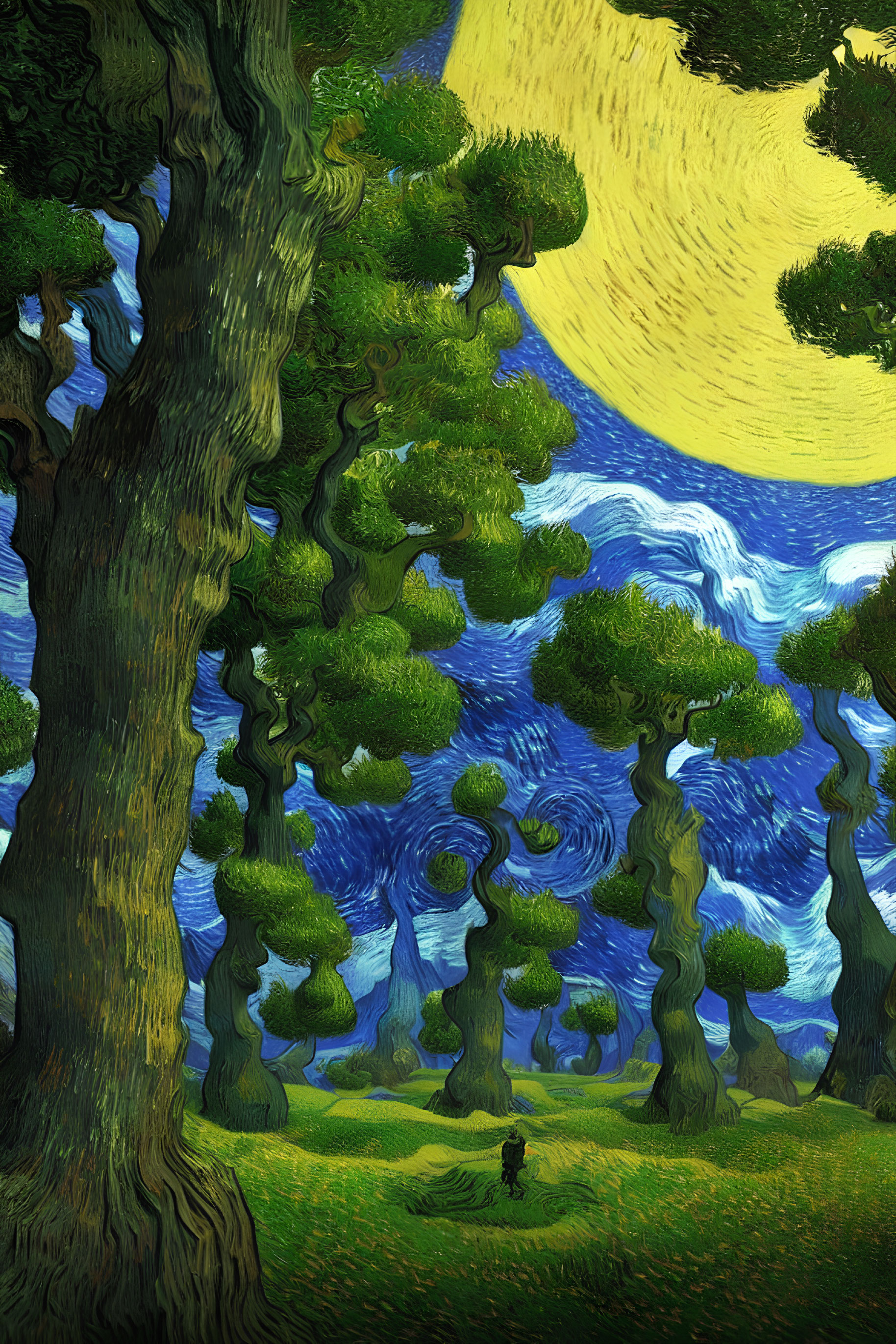 Night sky painting with moon, swirling clouds, and stylized trees.