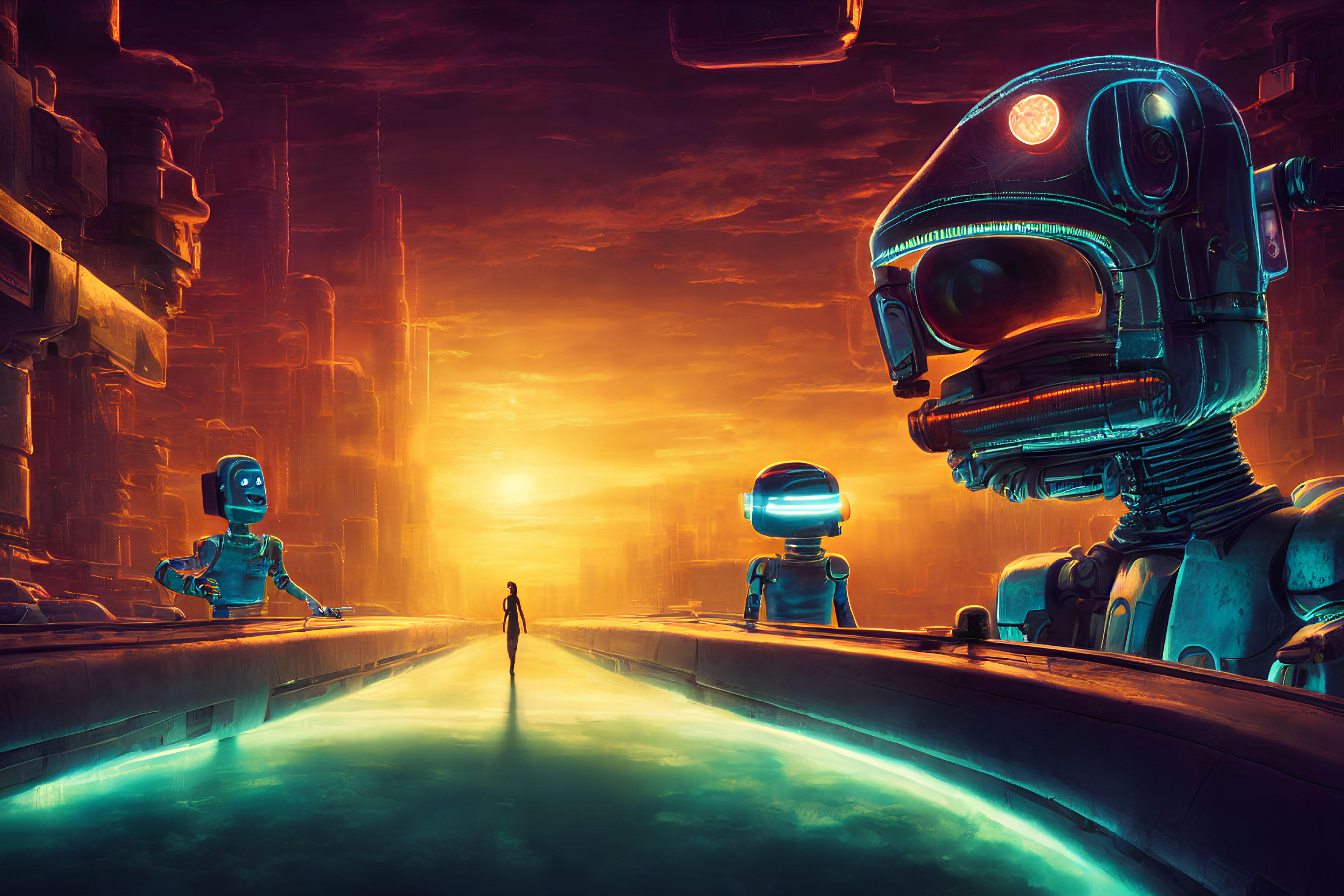 Futuristic cityscape at sunset with robots and human figure by turquoise canal