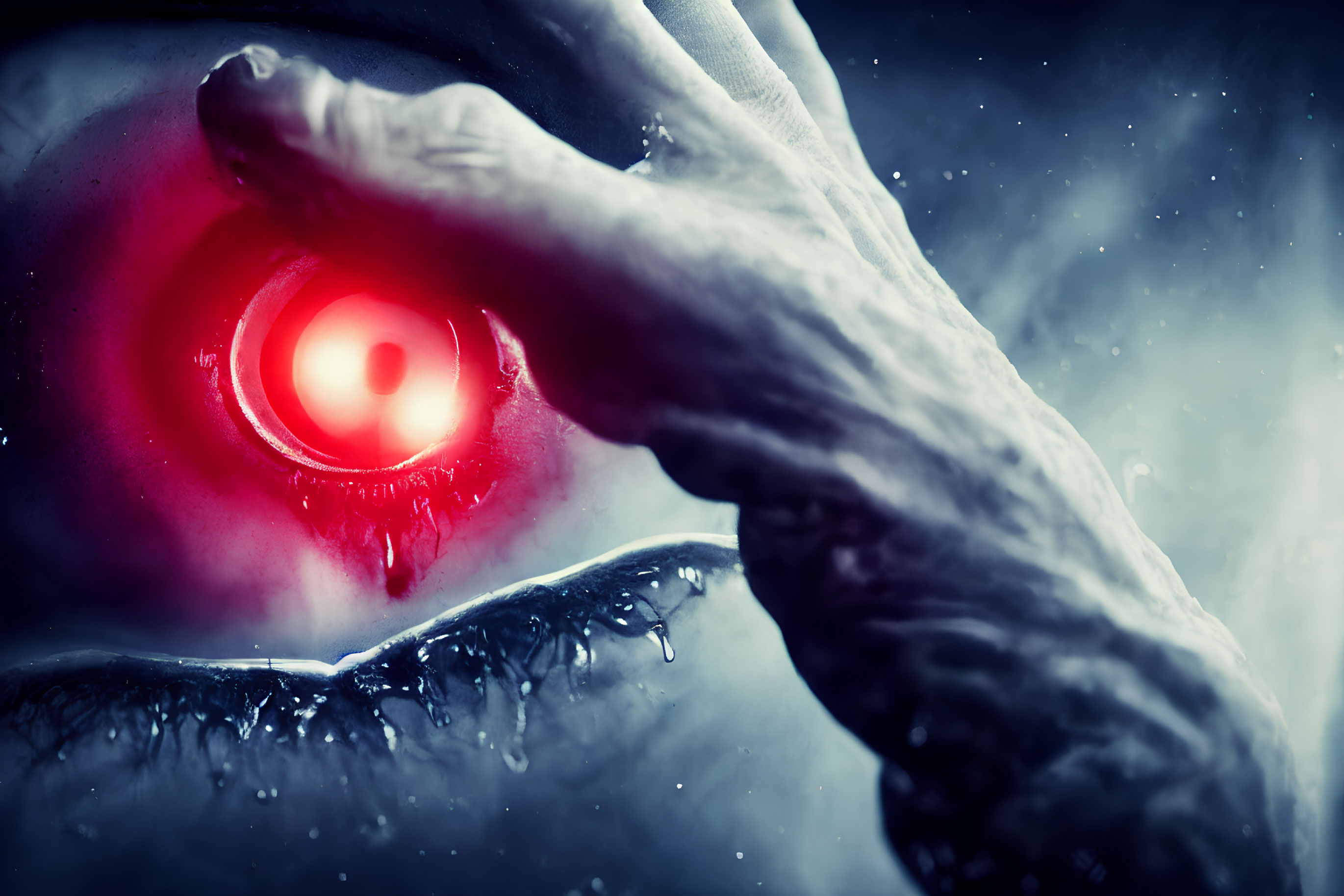 Close-up of red-eyed person in ice with reaching hand - sci-fi supernatural theme