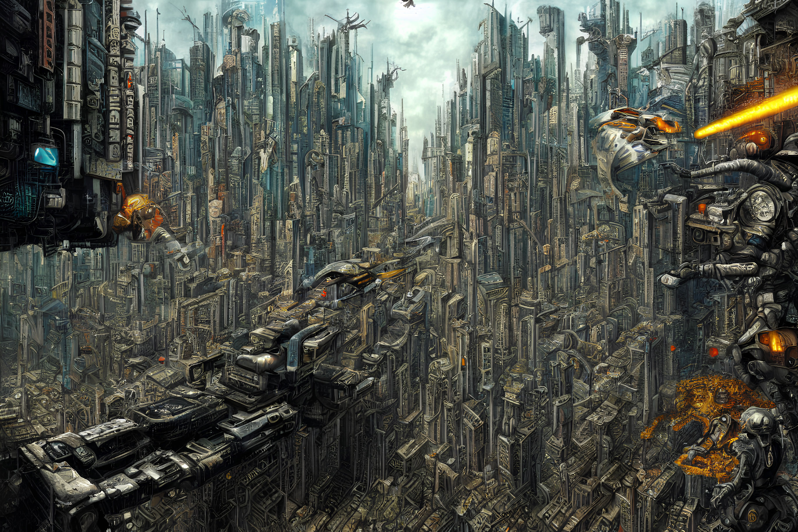 Futuristic sci-fi cityscape with skyscrapers, flying vehicles, and robotic structures