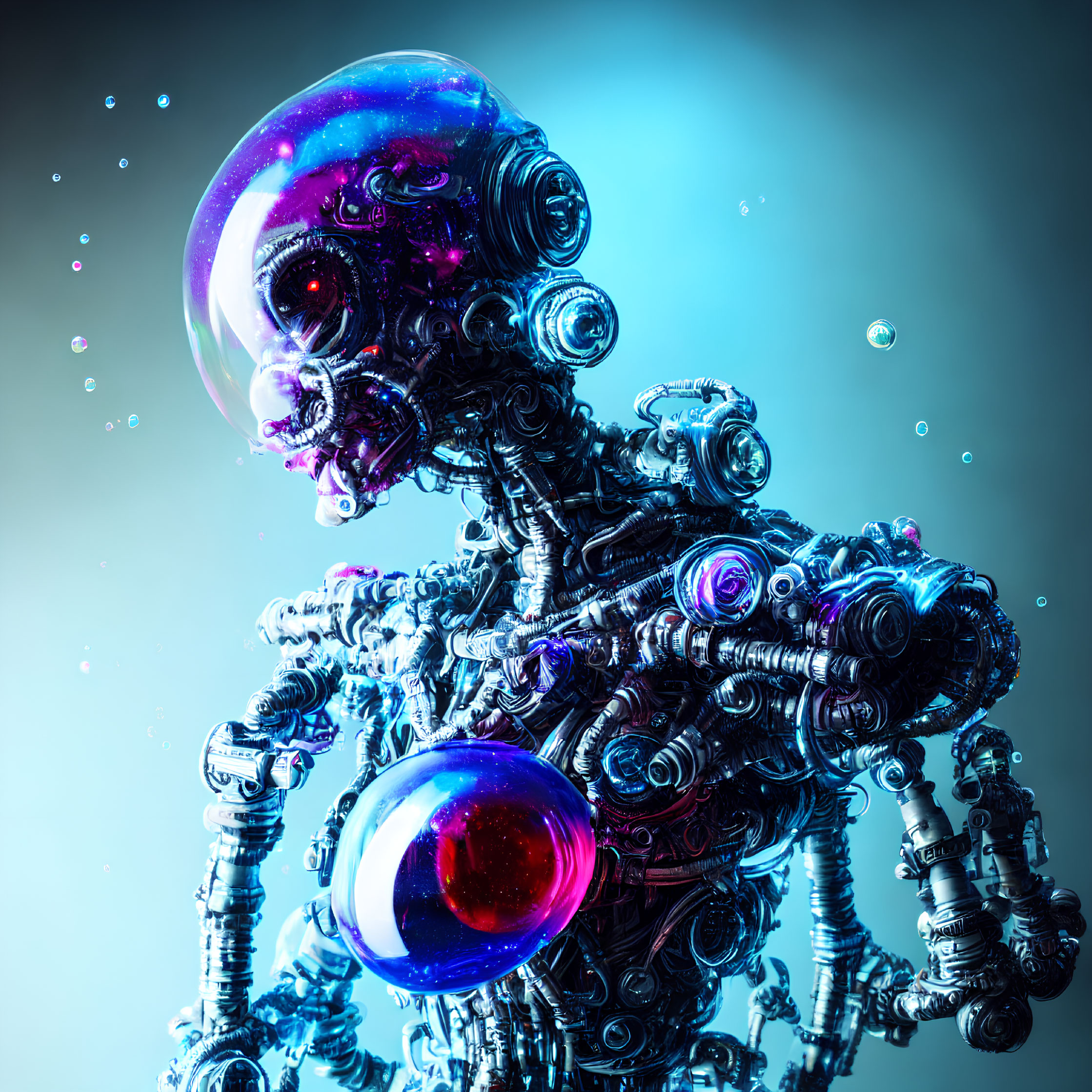 Detailed Futuristic Robot Design with Vibrant Colors and Illuminated Components