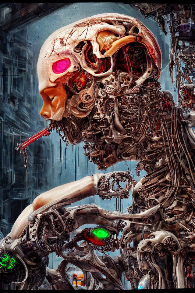Detailed Cybernetic Being Artwork with Intricate Mechanical Parts and Humanoid Skull