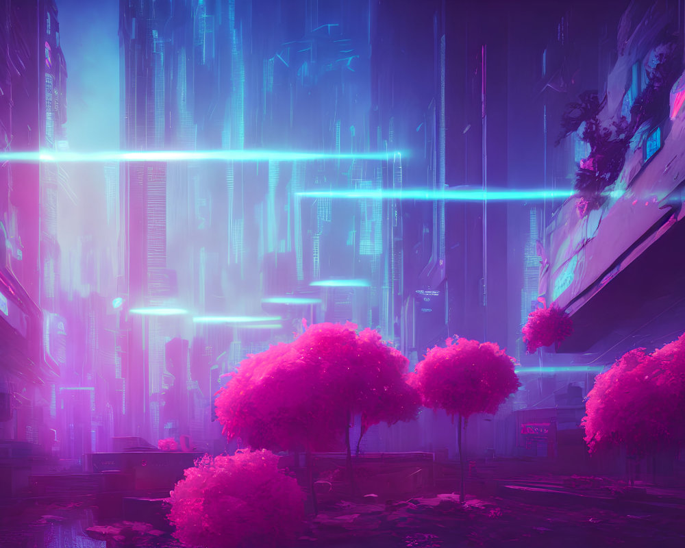 Neon blue cyberpunk cityscape with towering skyscrapers