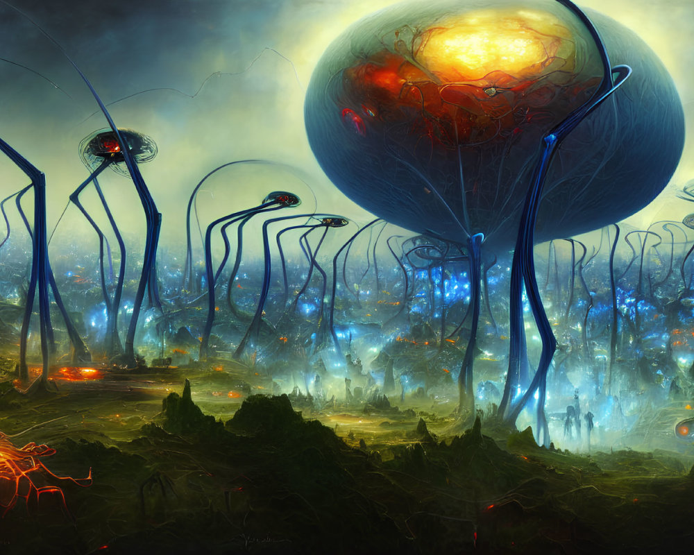 Alien structures, glowing vegetation, orbs in sci-fi landscape