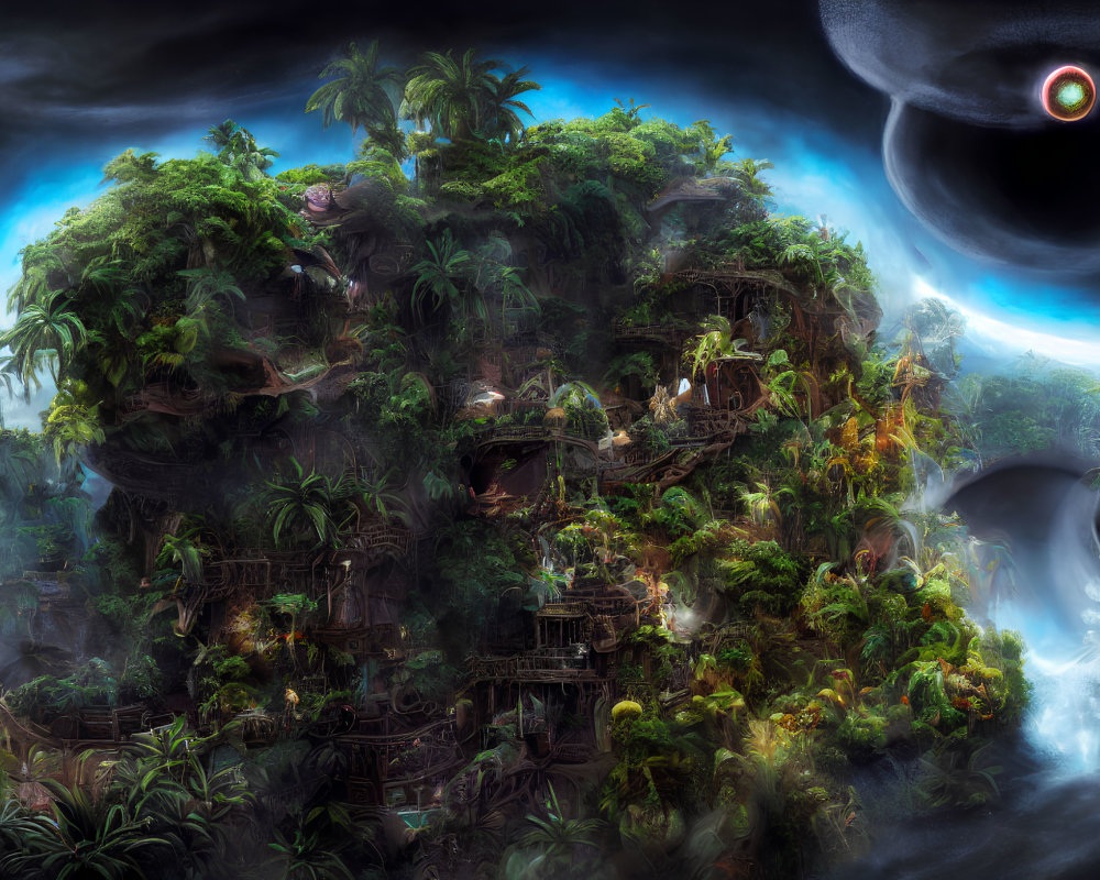 Fantastical jungle landscape with lush foliage, waterfalls, ancient ruins, and cosmic sky.