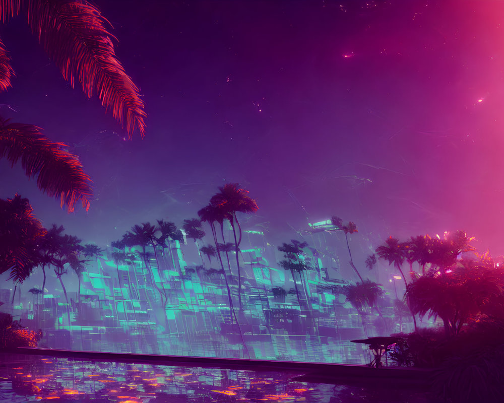 Neon-lit tropical scene with palm trees and futuristic sky