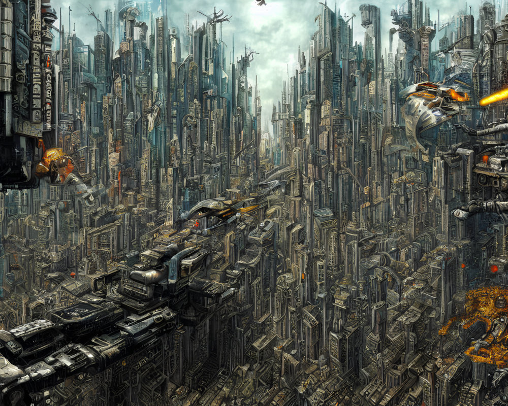 Futuristic sci-fi cityscape with skyscrapers, flying vehicles, and robotic structures