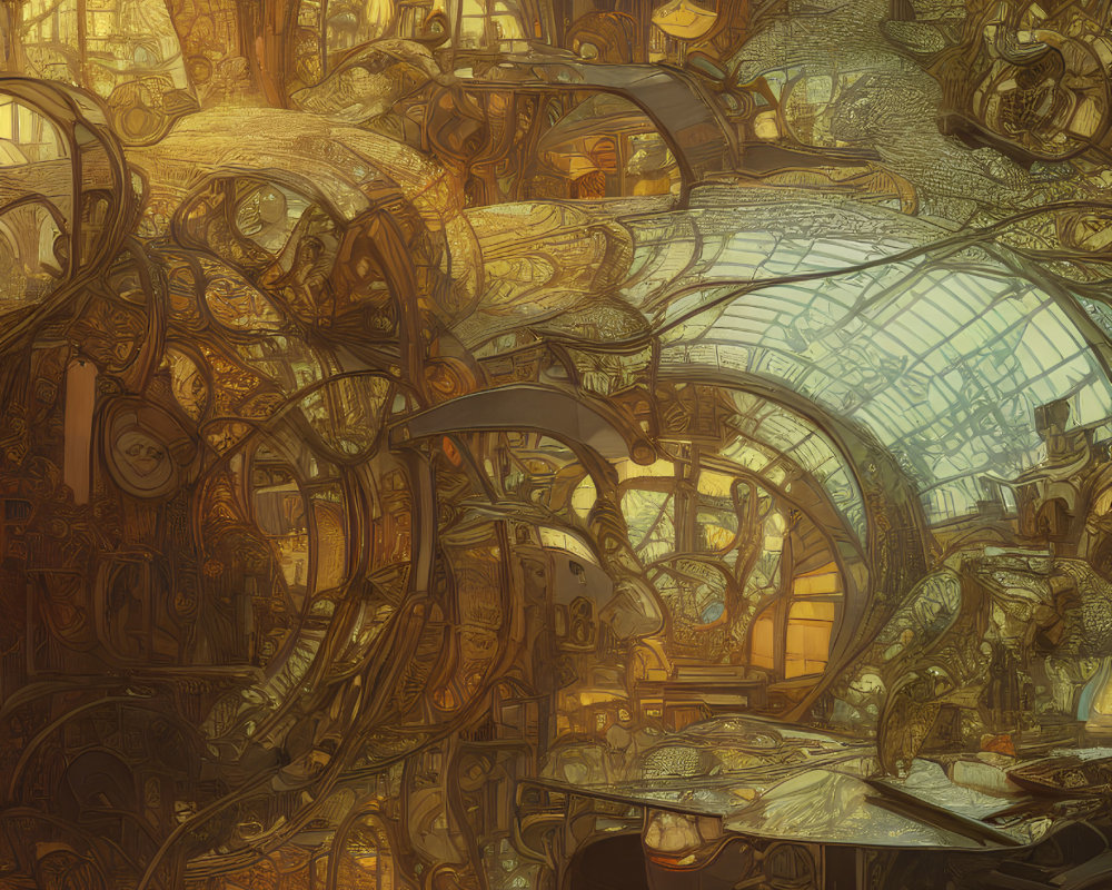 Golden Steampunk Interior with Mechanical Elements under Glass Dome