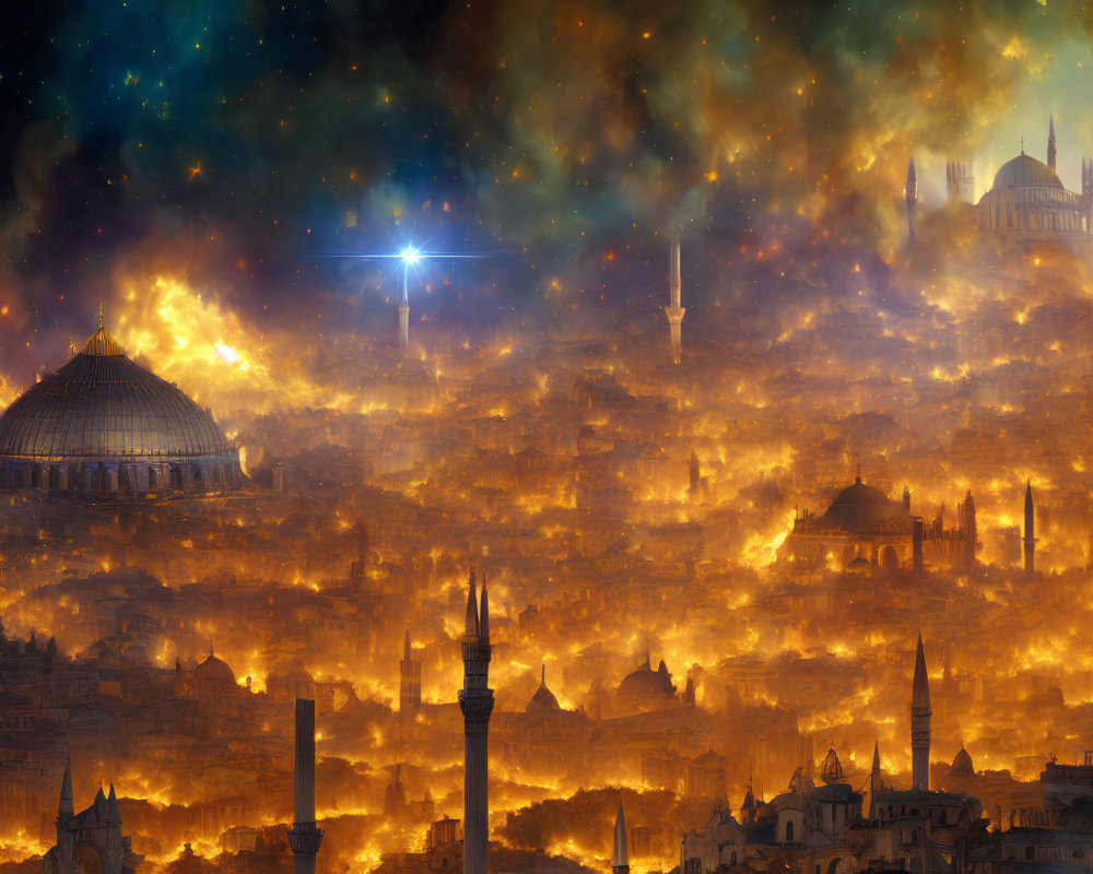 Fantastical cityscape with fiery glow, starry skies, domes, and minarets