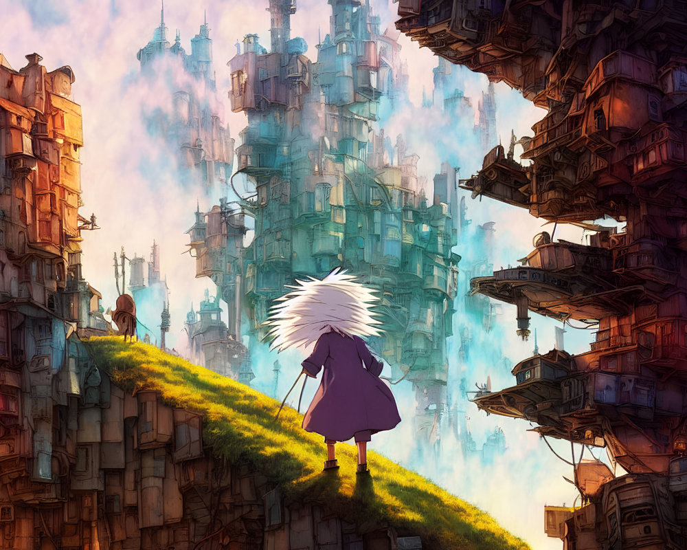 Spiky White-Haired Character in Purple Dress Observing Intricate Cityscape