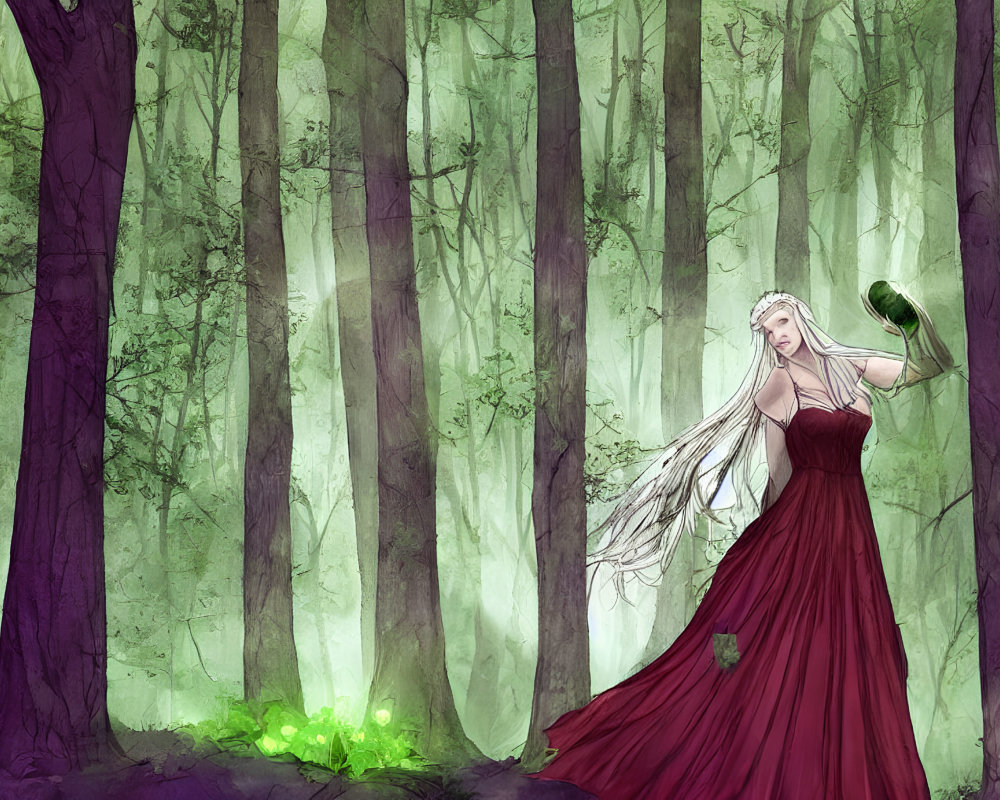 Ethereal woman in red gown holding green light in mystical forest