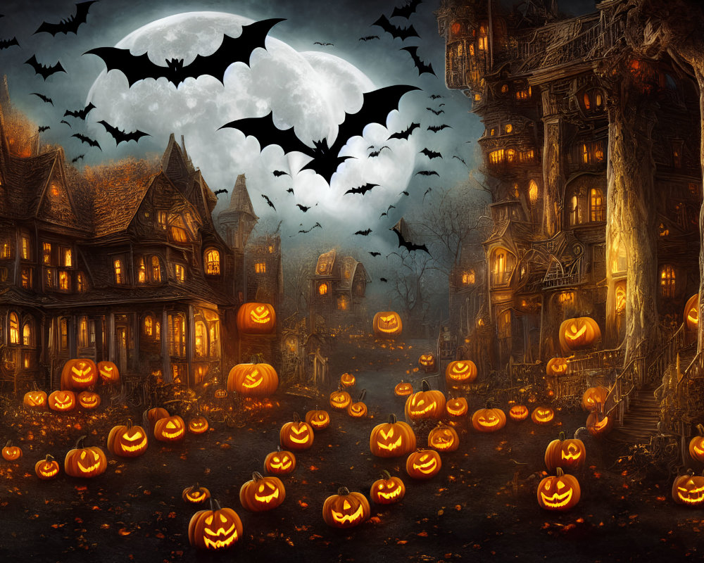 Haunted Halloween Scene with Carved Pumpkins, Bats, and Eerie Glow