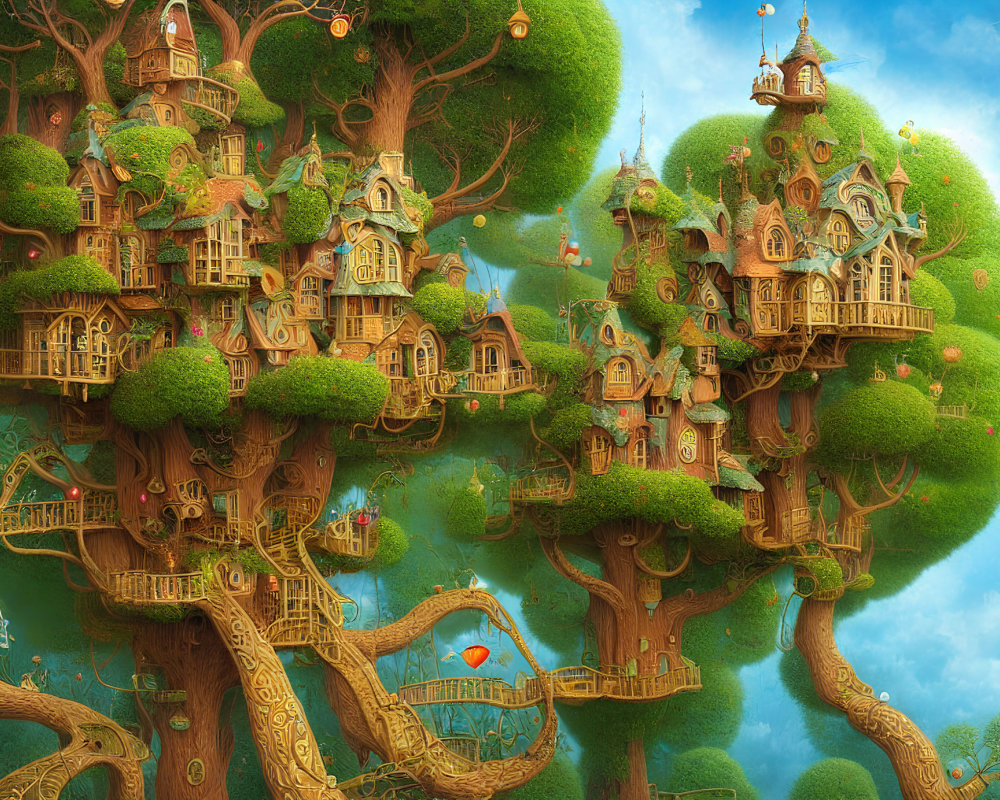 Whimsical treehouse illustration with wooden homes, bridges, and hot air balloon