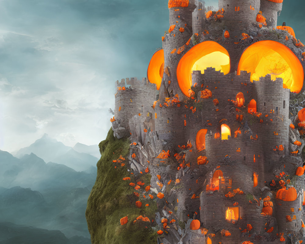 Surreal fantasy castle on rocky hill with glowing orange windows and oversized pumpkins against mystic sky