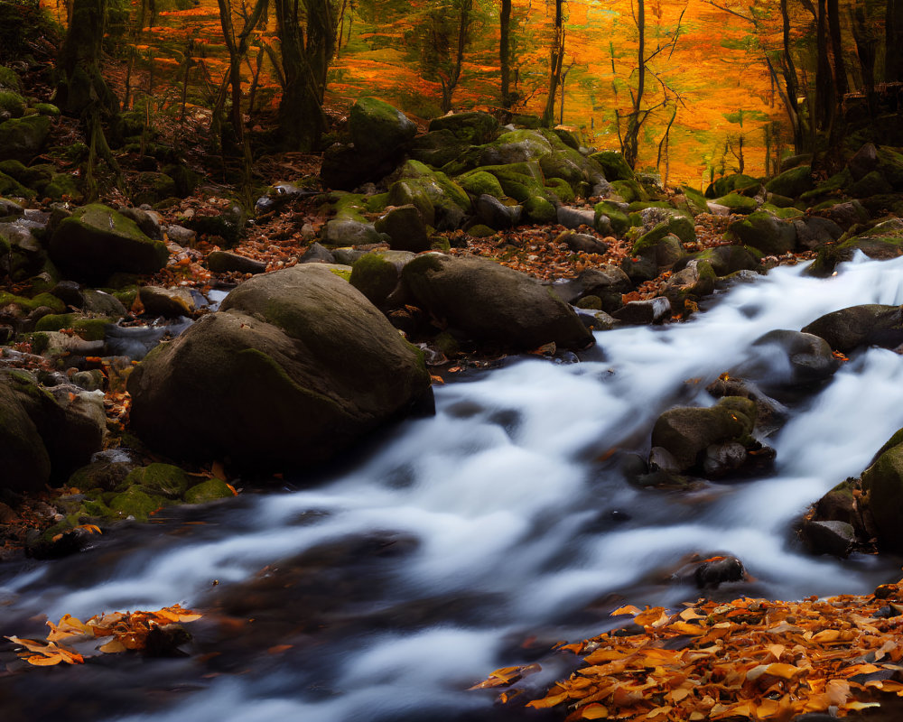 Tranquil forest stream with autumn leaves and vibrant orange trees